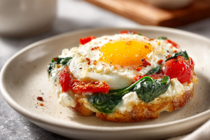 Golden Baked Feta Eggs with Tomatoes and Spinach