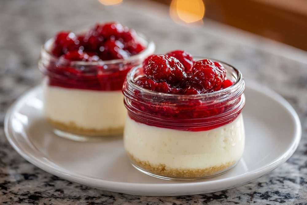 Berry Bliss in a Jar: Guilt-Free No-Bake Cheesecake with Vibrant Raspberry Sauce