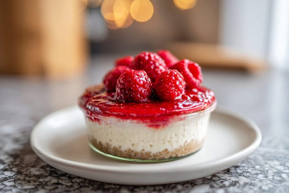 Berry Bliss in a Jar: Guilt-Free No-Bake Cheesecake with Vibrant Raspberry Sauce