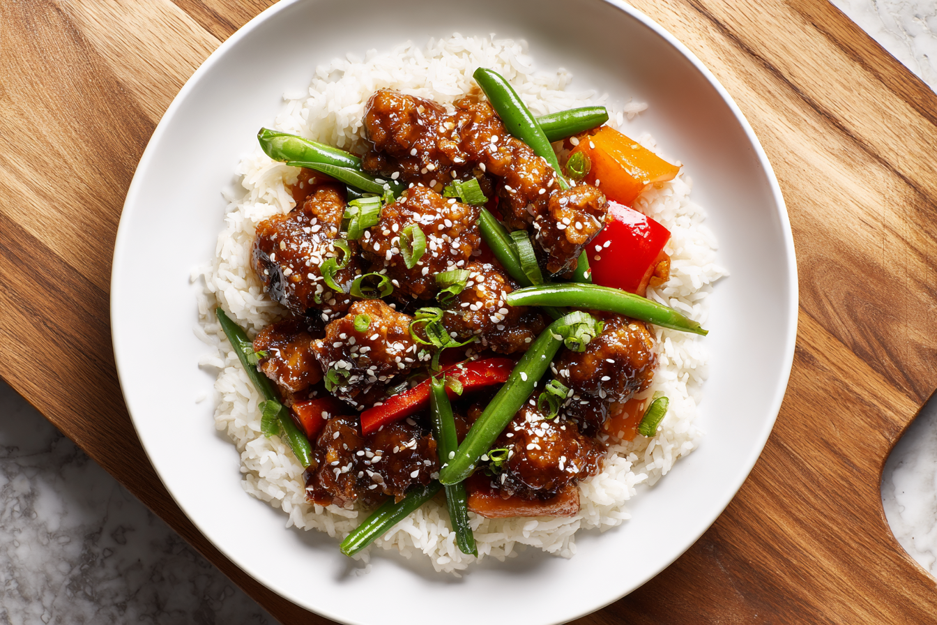 Better-Than-Takeout Sesame Chicken with Garlic Green Beans and Fluffy Rice