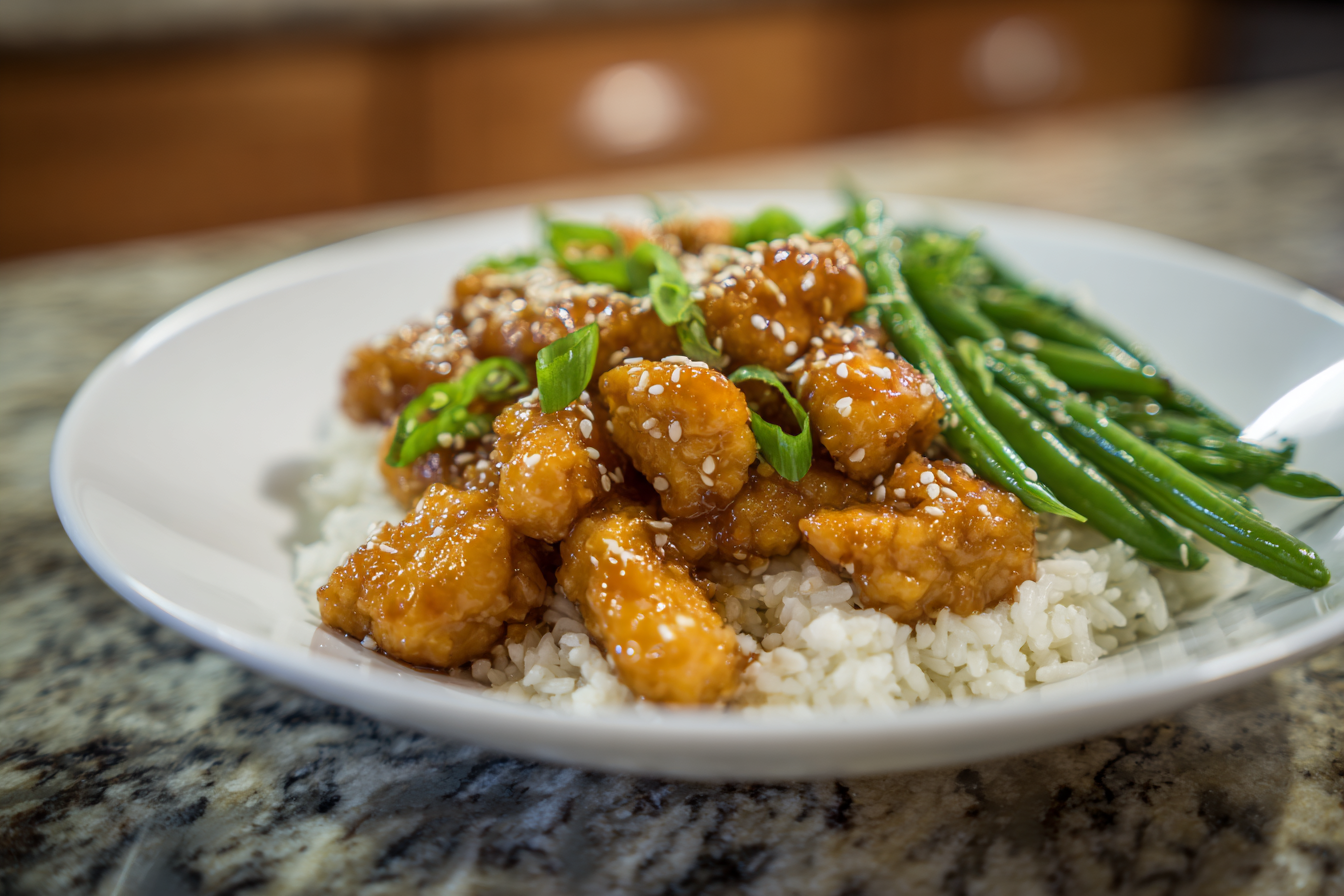 Better-Than-Takeout Sesame Chicken with Garlic Green Beans and Fluffy Rice