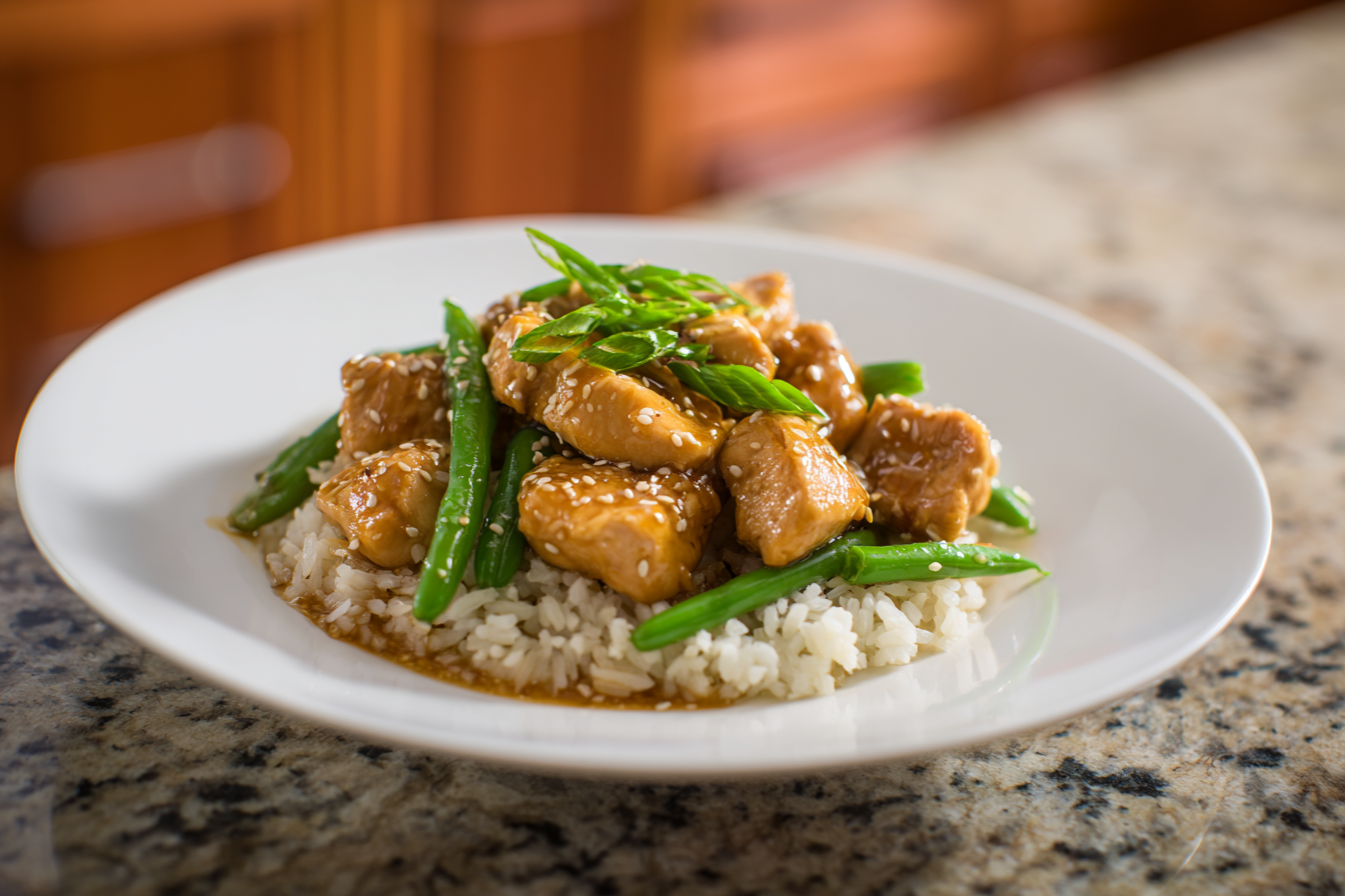Better-Than-Takeout Sesame Chicken with Garlic Green Beans and Fluffy Rice