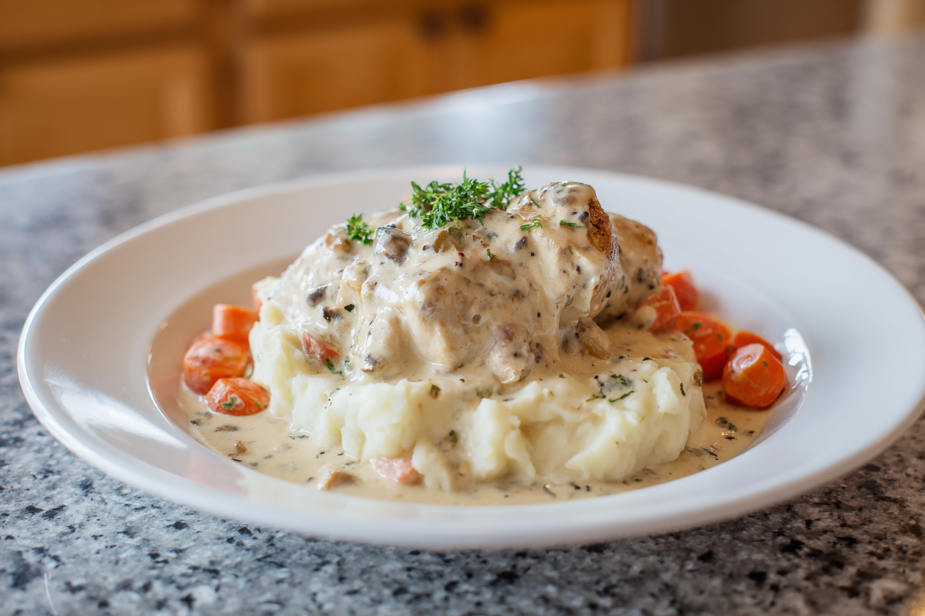 Creamy Herb Chicken with Mashed Potatoes & Carrots (One-Pan Comfort Meal)