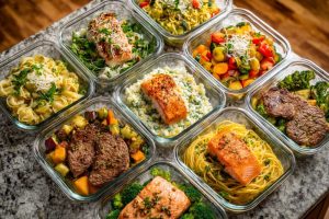 Diverse Quick Meal Prep Containers (Beef, Chicken, Salmon, Pasta)