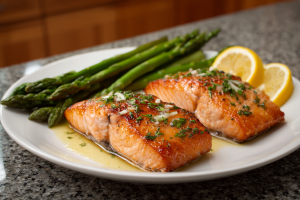 Flaky Garlic Lemon Butter Salmon with Roasted Asparagus