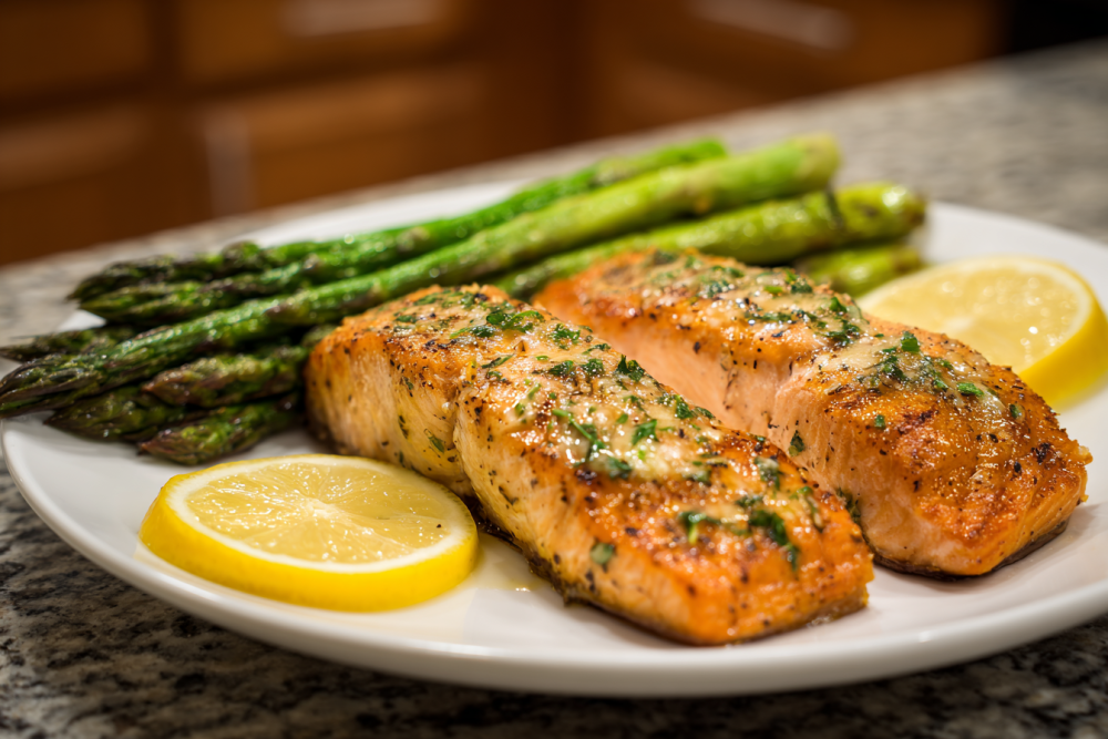 Flaky Garlic Lemon Butter Salmon with Roasted Asparagus