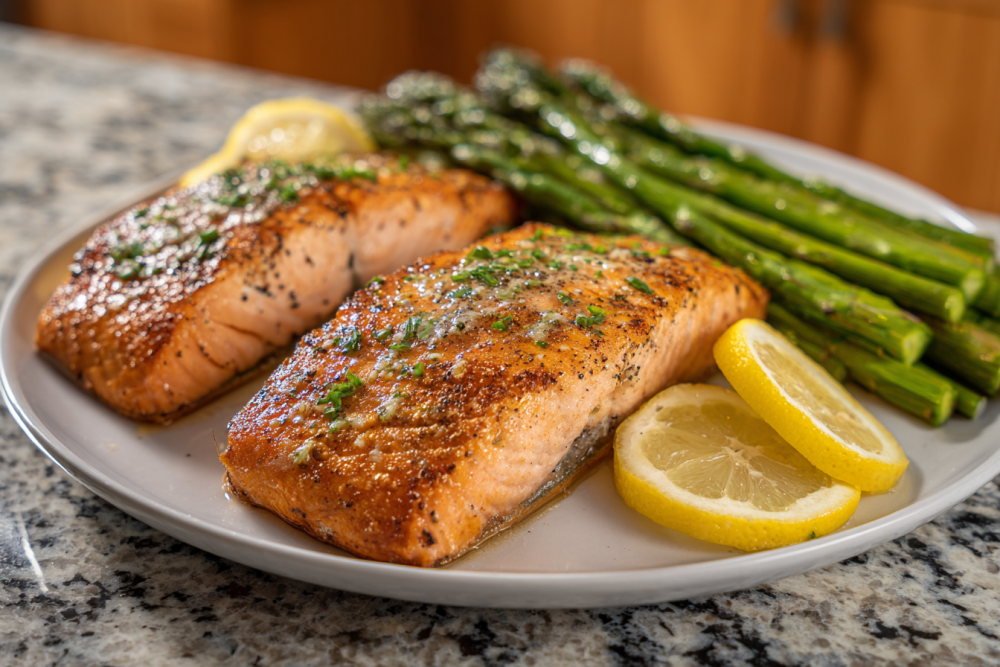 Flaky Garlic Lemon Butter Salmon with Roasted Asparagus