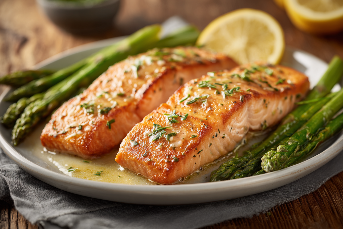 Flaky Garlic Lemon Butter Salmon with Roasted Asparagus