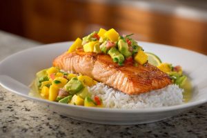 Grilled Salmon with Tropical Mango Avocado Salsa and Coconut Rice