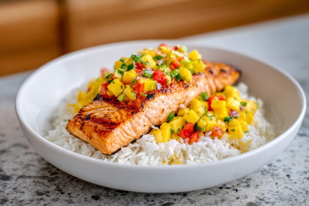 Flaky Grilled Salmon with Tropical Mango Avocado Salsa and Creamy Coconut Rice