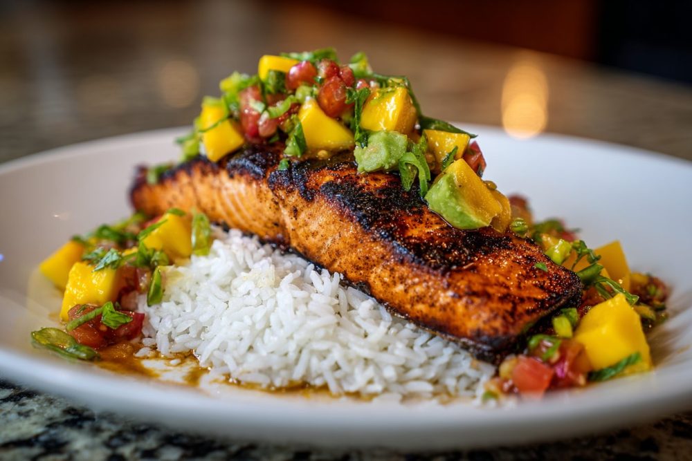 Flaky Grilled Salmon with Tropical Mango Avocado Salsa and Creamy Coconut Rice