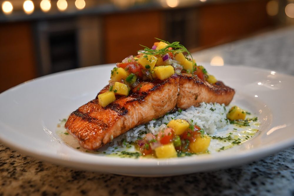 Flaky Grilled Salmon with Tropical Mango Avocado Salsa and Creamy Coconut Rice