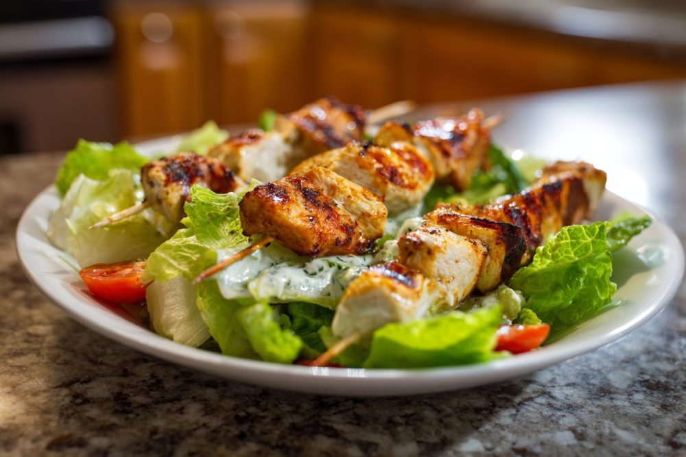 Grilled Chicken Skewers with Crisp Lettuce & Zesty Dipping Sauce