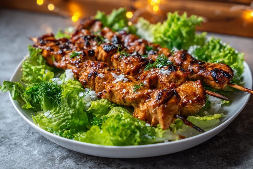 Grilled Chicken Skewers with Zesty Dipping Sauce & Crisp Lettuce Wraps