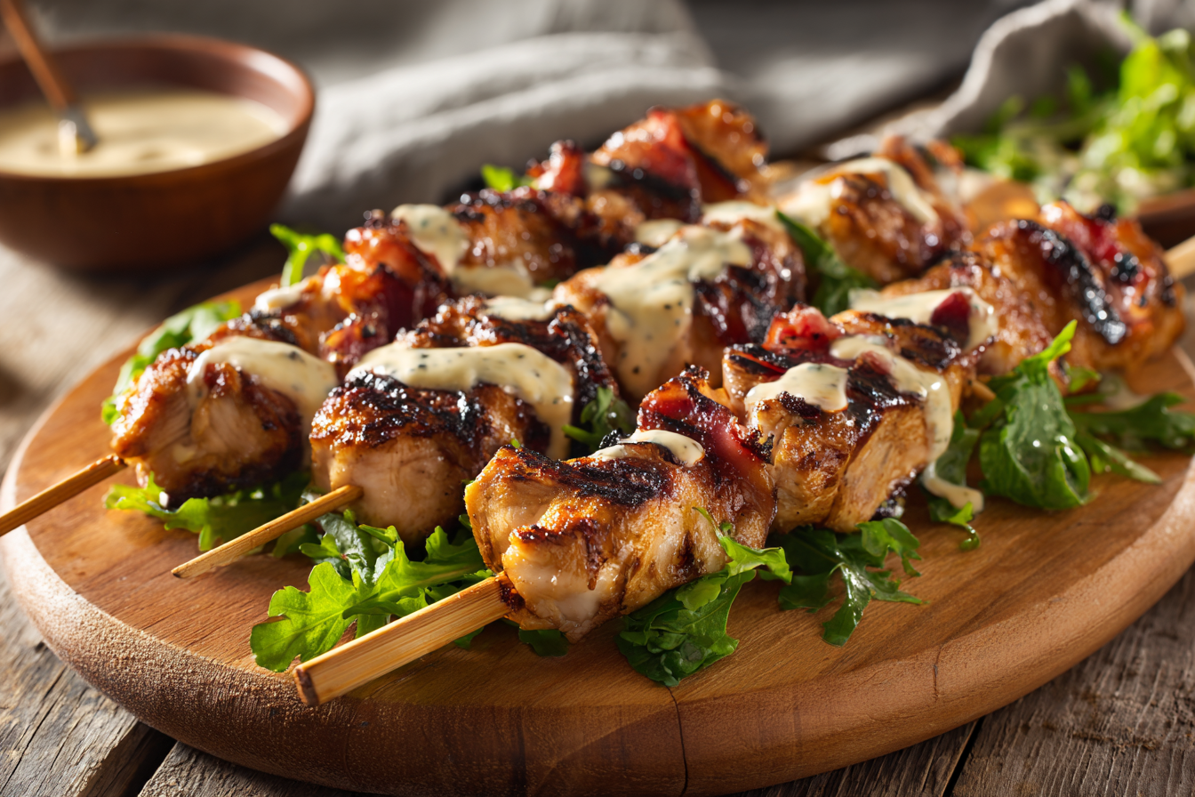 Grilled Chicken Skewers with Zesty Herb Sauce & Summer Greens