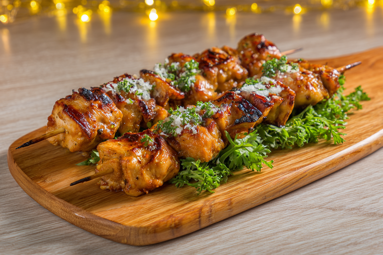 Grilled Chicken Skewers with Zesty Herb Sauce & Summer Greens
