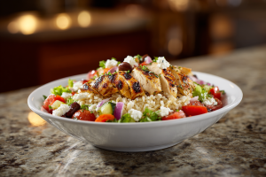 Grilled Mediterranean Chicken Bowls with Lemon-Herb Rice & Tzatziki Drizzle