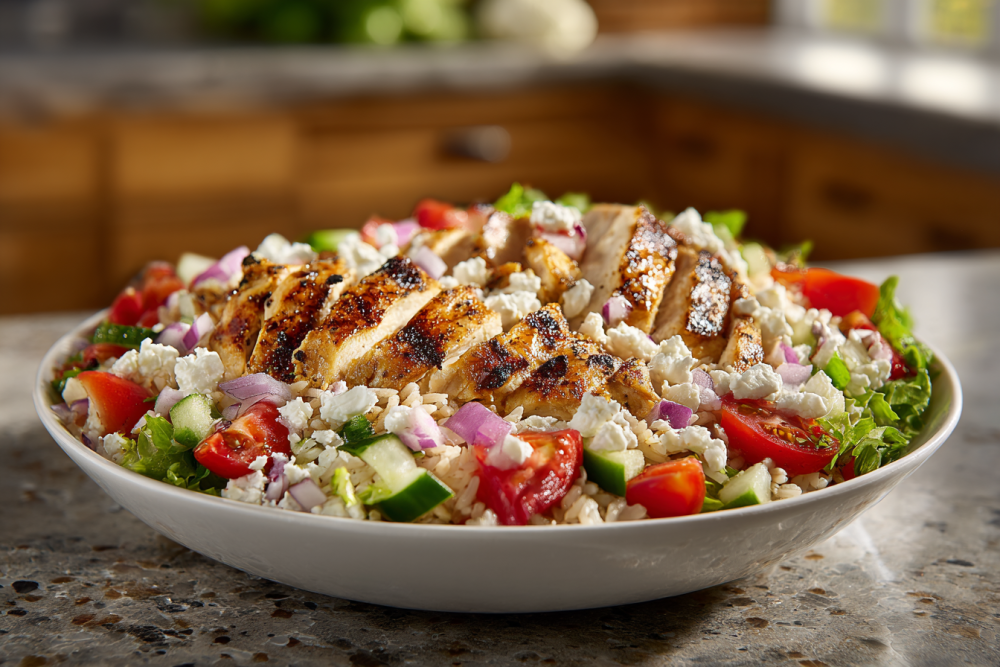 Grilled Mediterranean Chicken Bowls with Lemon-Herb Rice & Tzatziki Drizzle