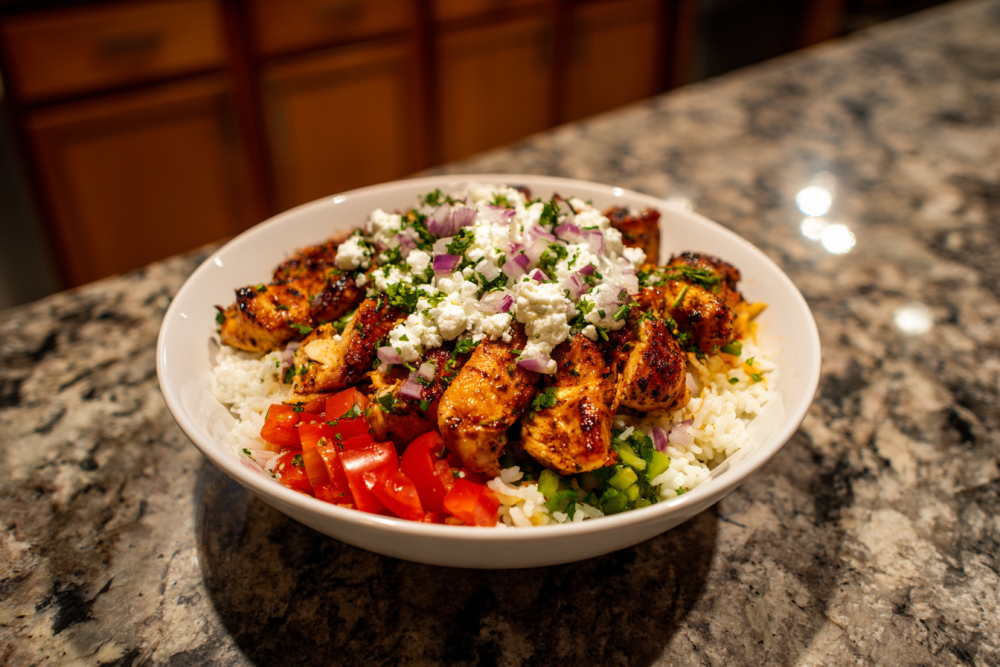 Grilled Mediterranean Chicken Bowls with Lemon-Herb Rice & Tzatziki Drizzle