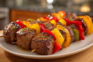 Grilled Steak Kabobs with Bell Peppers & Red Onion