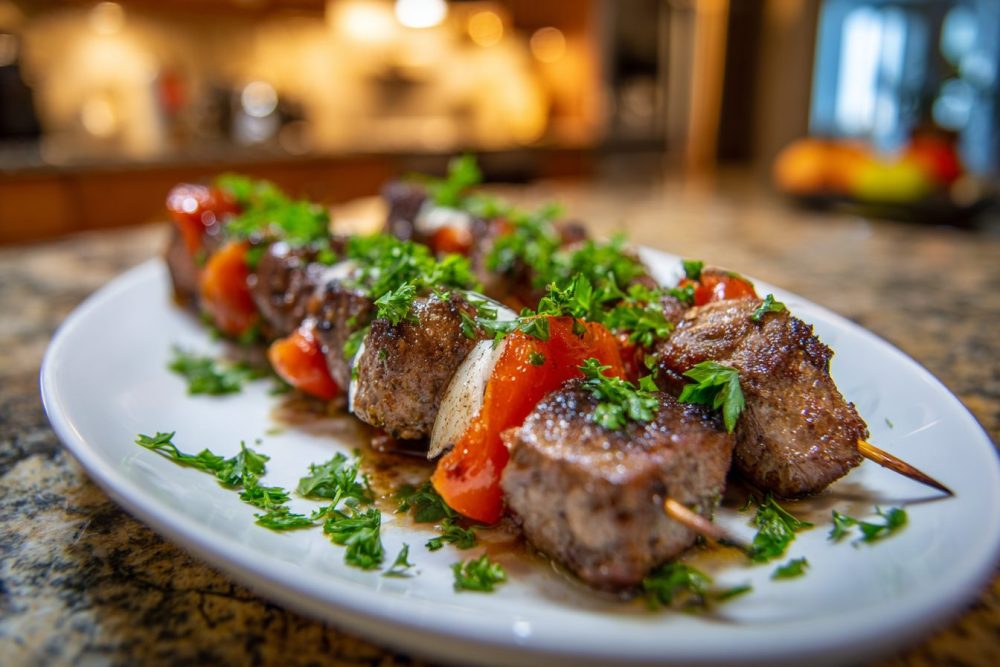 Grilled Steak & Veggie Skewers with Zesty Parsley Drizzle