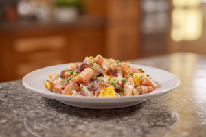 Hearty Blue Plate Delight: Meat & Veggie Perfection