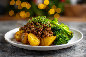Hearty Ground Beef Dinner with Herb-Roasted Potatoes and Broccoli