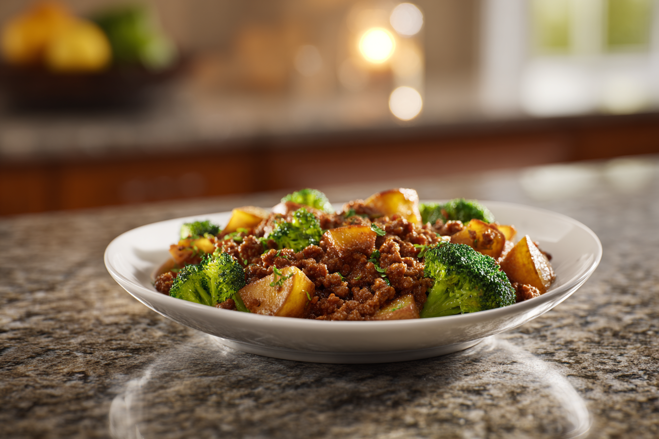 Hearty Ground Beef Dinner with Herb-Roasted Potatoes and Broccoli