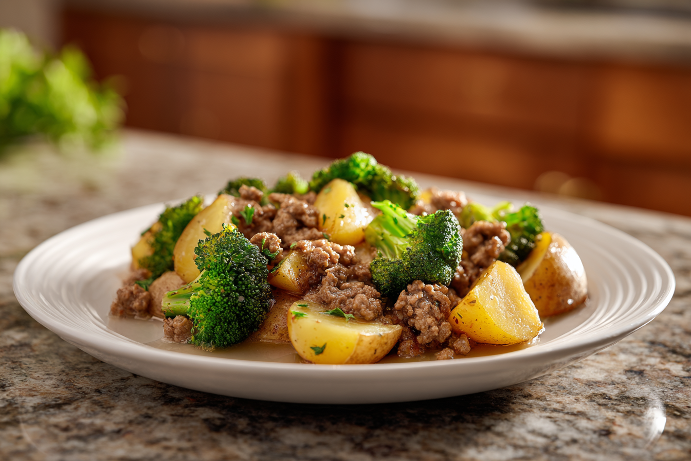 Hearty Ground Beef Dinner with Herb-Roasted Potatoes and Broccoli