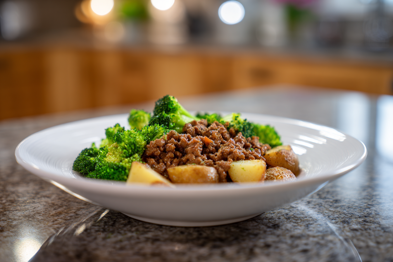 Hearty Ground Beef Dinner with Herb-Roasted Potatoes and Broccoli
