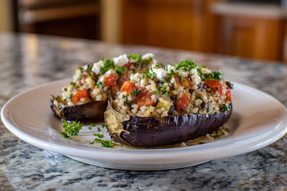 Herb-Kissed Stuffed Eggplant with Savory Rice & Garlic Tahini