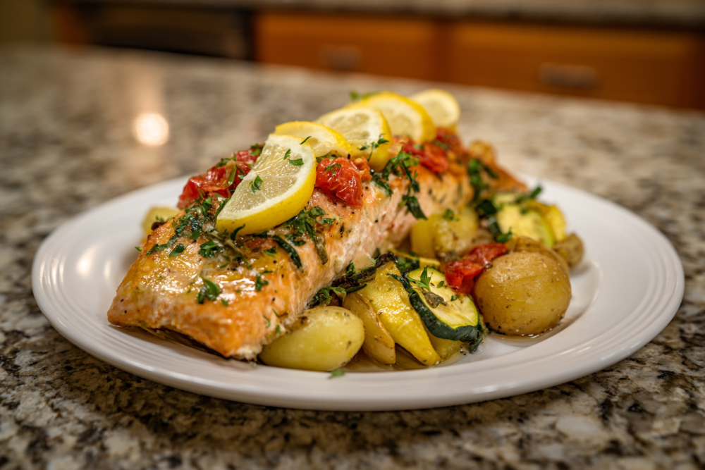 Lemon Herb Garlic Grilled Salmon in Foil with Summer Veggies