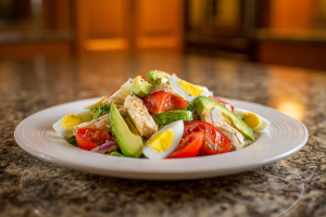 Mediterranean Chicken Avocado Salad with Jammy Eggs