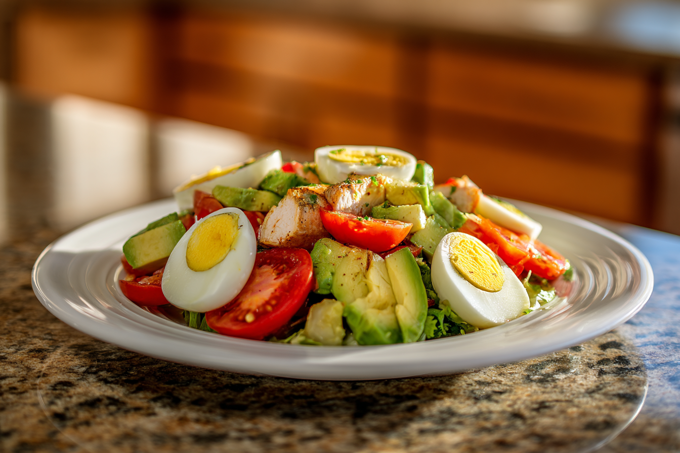 Mediterranean Chicken Avocado Salad with Jammy Eggs