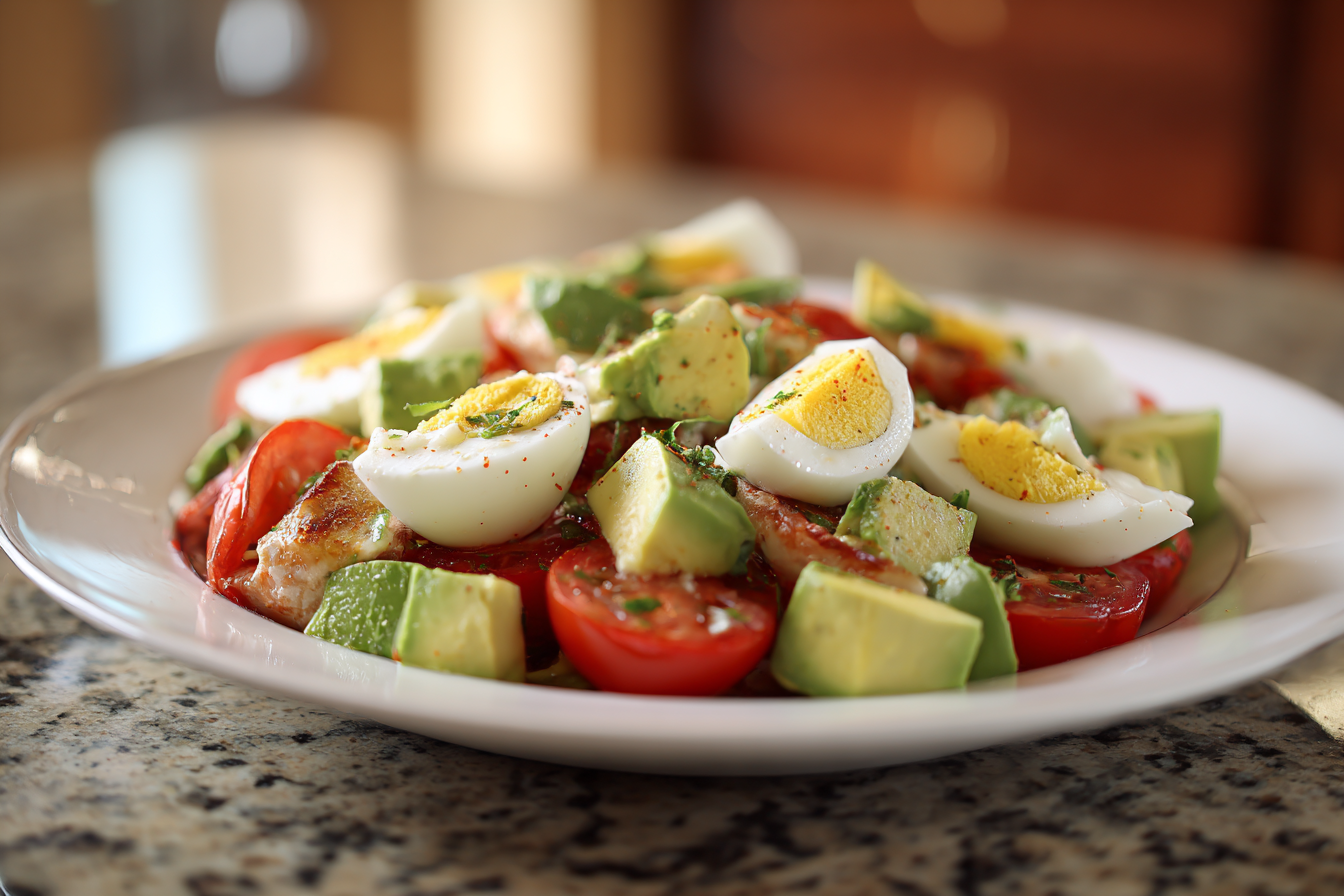 Mediterranean Chicken Avocado Salad with Jammy Eggs