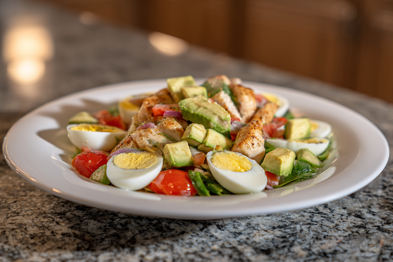 Mediterranean Chicken Avocado Salad with Jammy Eggs