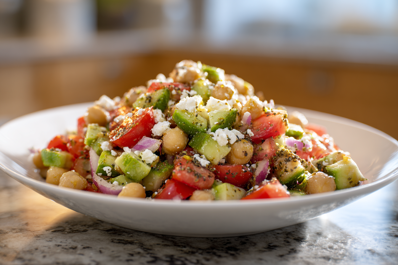 Mediterranean Chickpea & Feta Salad with Creamy Avocado