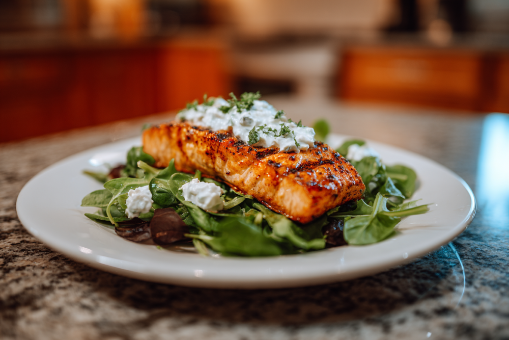 Mediterranean Magic: Flaky Grilled Salmon with Creamy Tzatziki
