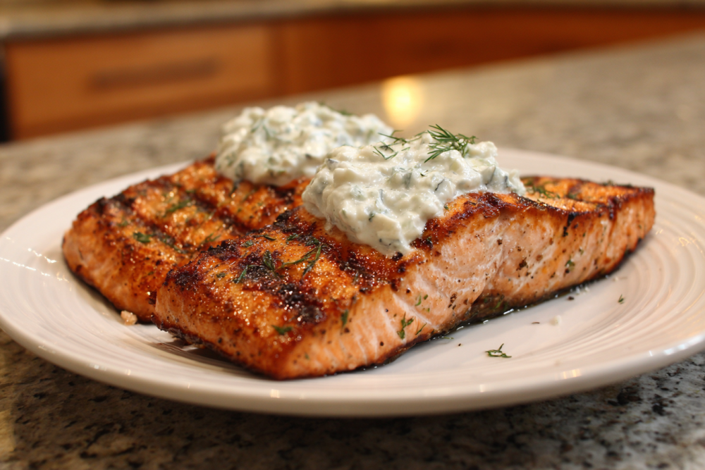 Mediterranean Magic: Flaky Grilled Salmon with Creamy Tzatziki