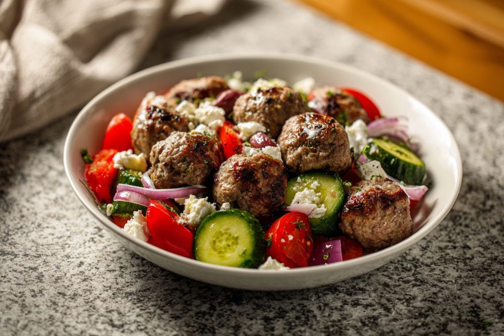 Mediterranean Meatball & Veggie Bowls with Zesty Feta Dressing
