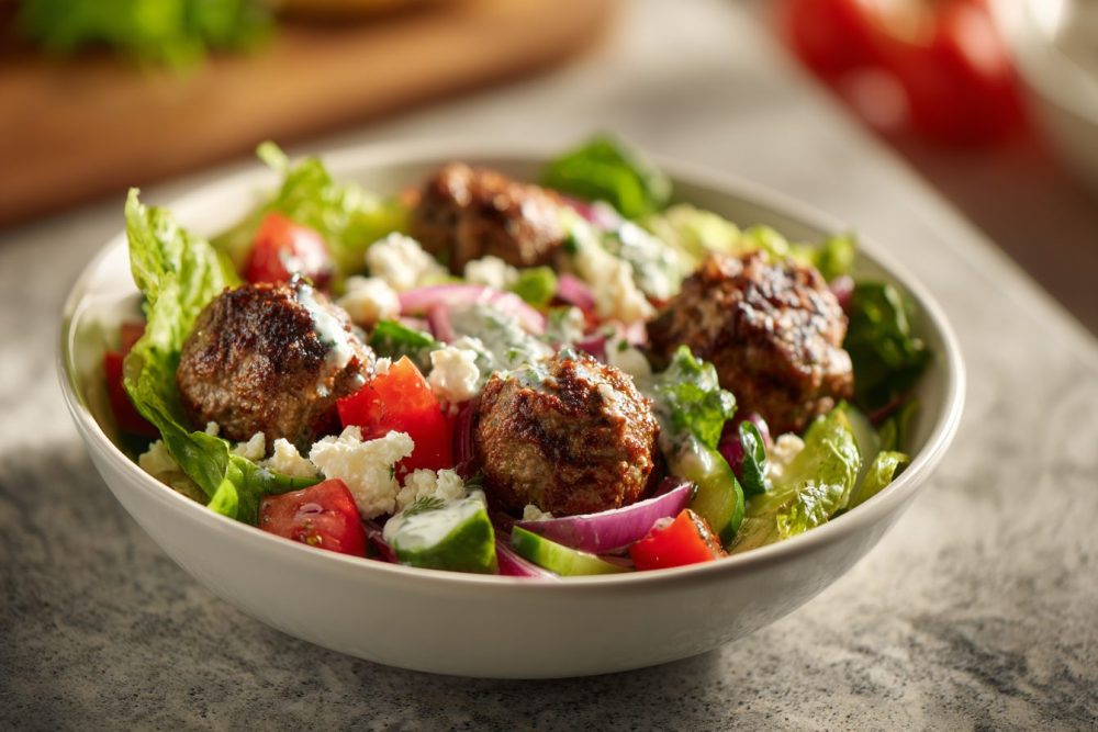 Mediterranean Meatball & Veggie Bowls with Zesty Feta Dressing