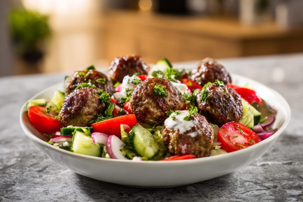 Mediterranean Meatball & Veggie Bowls with Zesty Feta Dressing