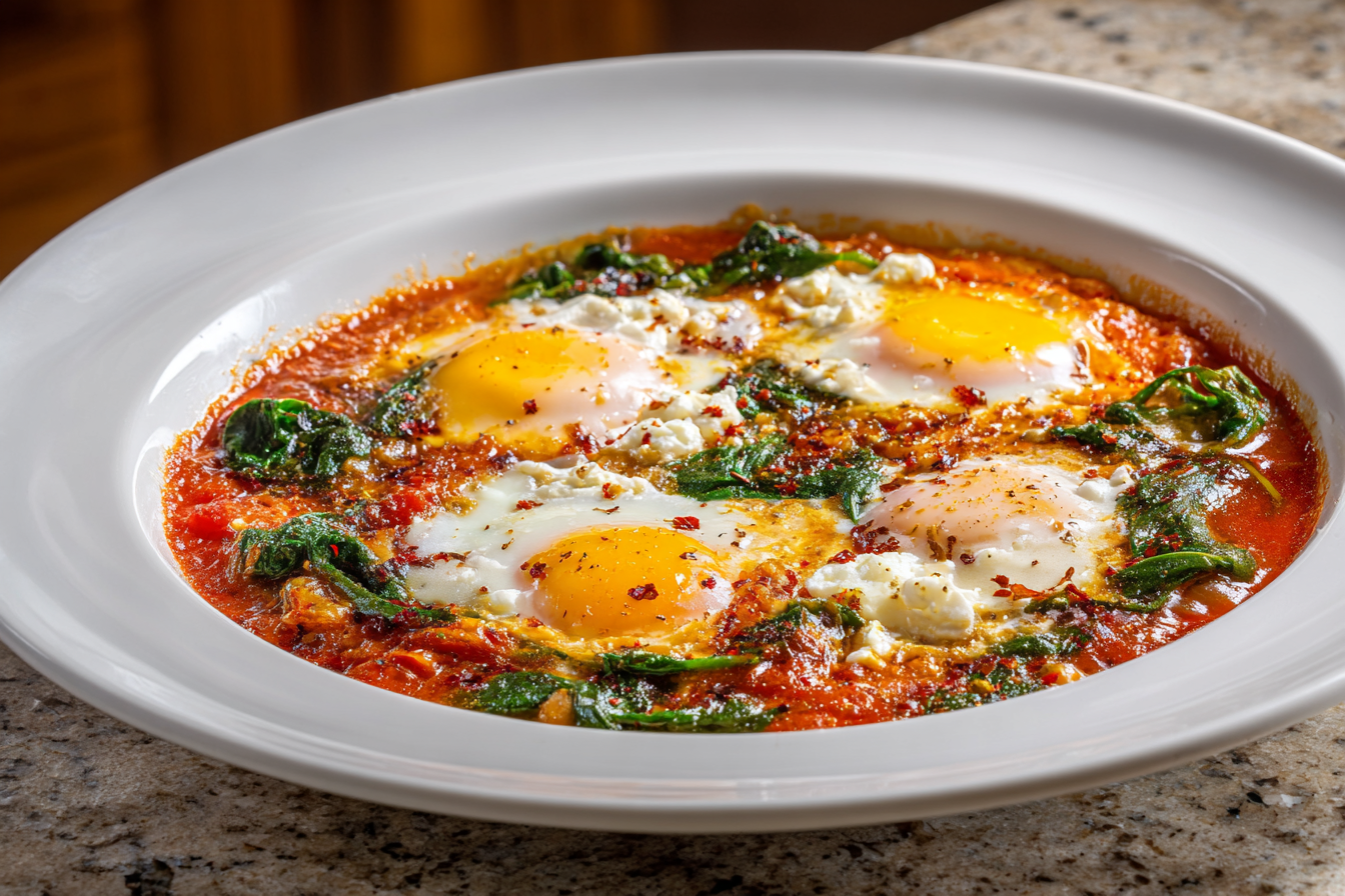 Mediterranean Morning Magic: Israeli Shakshuka with Feta & Spinach