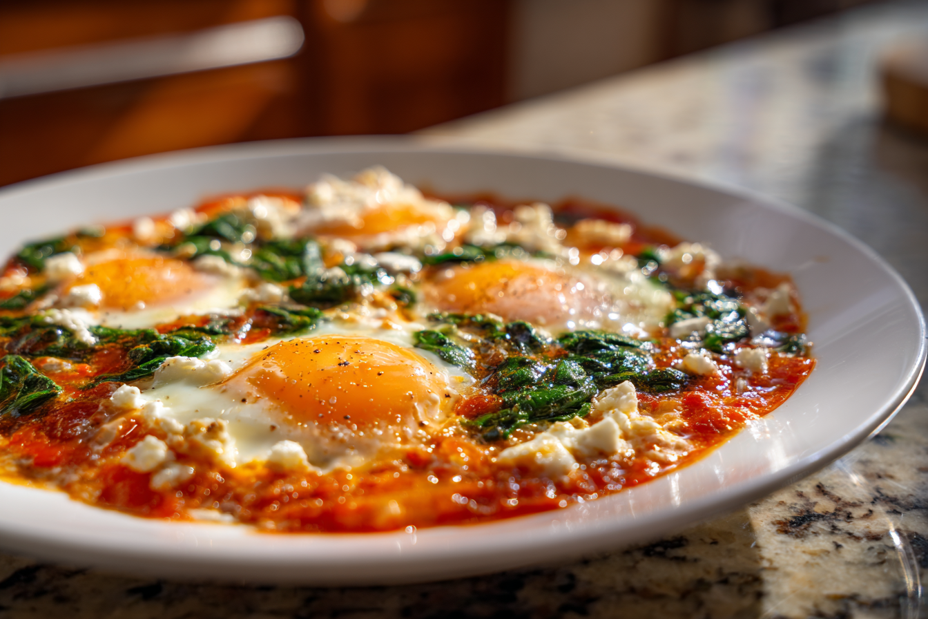 Mediterranean Morning Magic: Israeli Shakshuka with Feta & Spinach