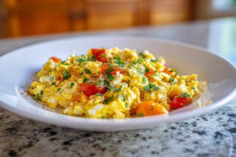 Mediterranean Mornings: Fluffy Scrambled Eggs with Sun-Kissed Veggies & Aromatic Herbs
