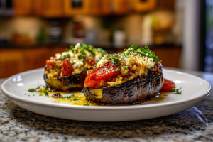 Mediterranean Stuffed Eggplant with Savory Grains & Tahini Drizzle