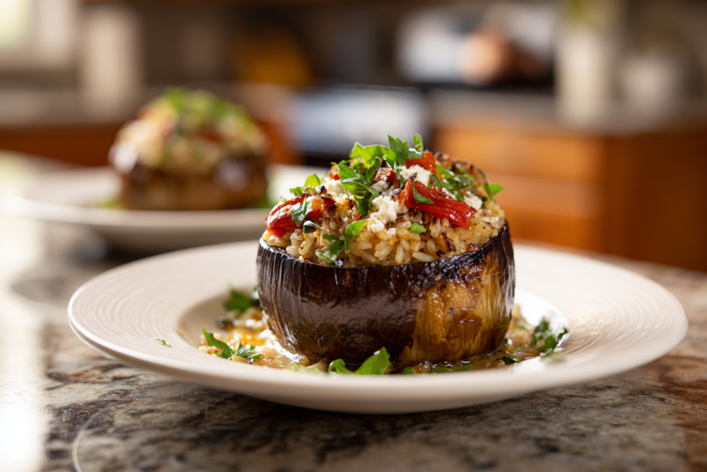 Mediterranean Stuffed Eggplant with Savory Grains & Tahini Drizzle