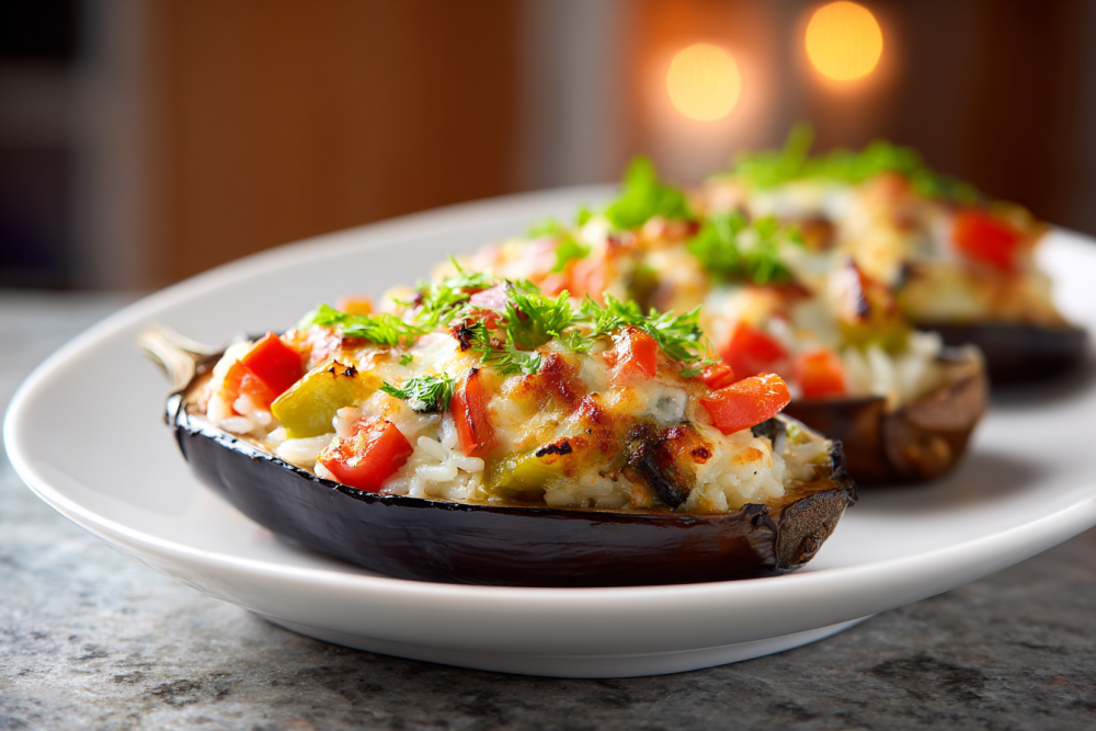 Mediterranean Stuffed Eggplant with Savory Grains & Tahini Drizzle