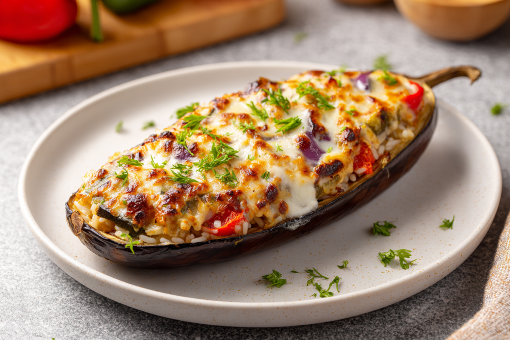 Mediterranean Stuffed Eggplant with Savory Grains & Tahini Drizzle