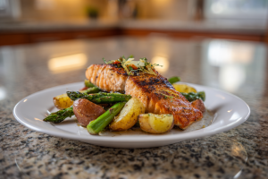 One-Pan Lemon Herb Salmon with Crispy Potatoes & Cheesy Asparagus